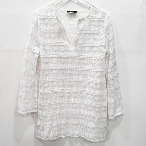 La Blanca Pleated Lace Crochet V-Neck Swim Beach Cover Up Tunic Dress Large - Picture 1 of 7